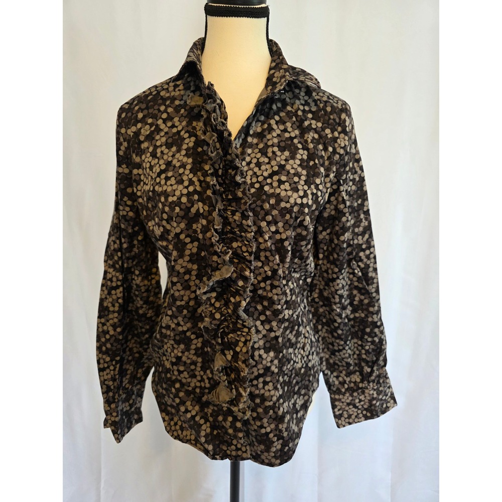 Womens Button Up Shirt Long Sleeve Ruffle Front Polka Dot Print Size M